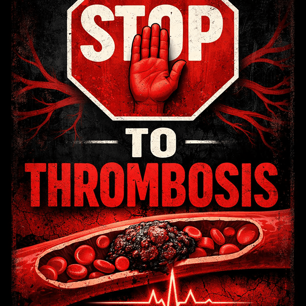Stop sign with hand symbol above blocked blood vessel depicting thrombosis